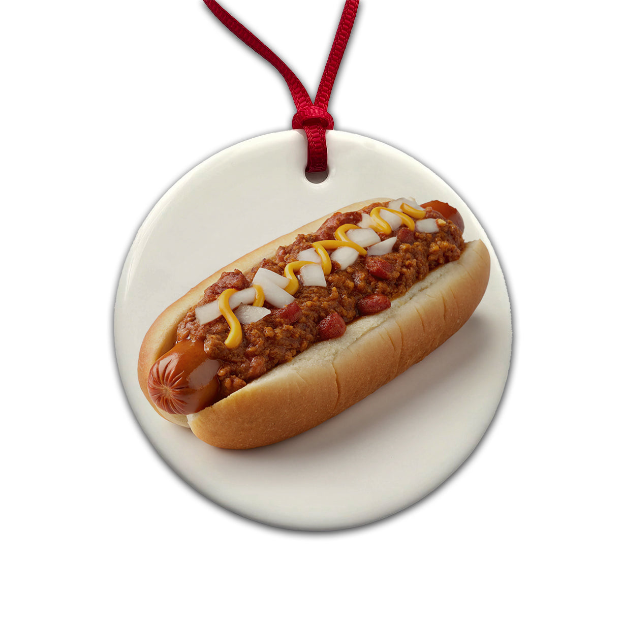 Chili Hot Dog Bun Round Ceramic Holiday Christmas Tree Ornament