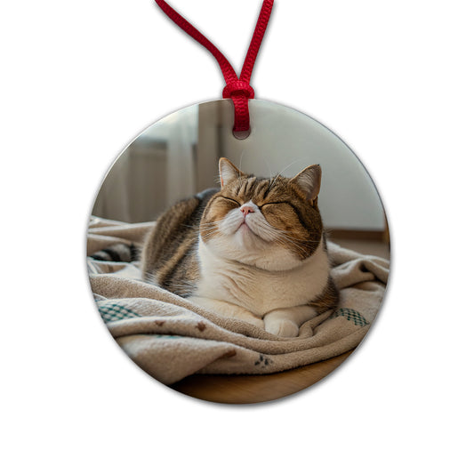 Chubby Cat Lying Down Cute Round Ceramic Holiday Christmas Tree Ornament