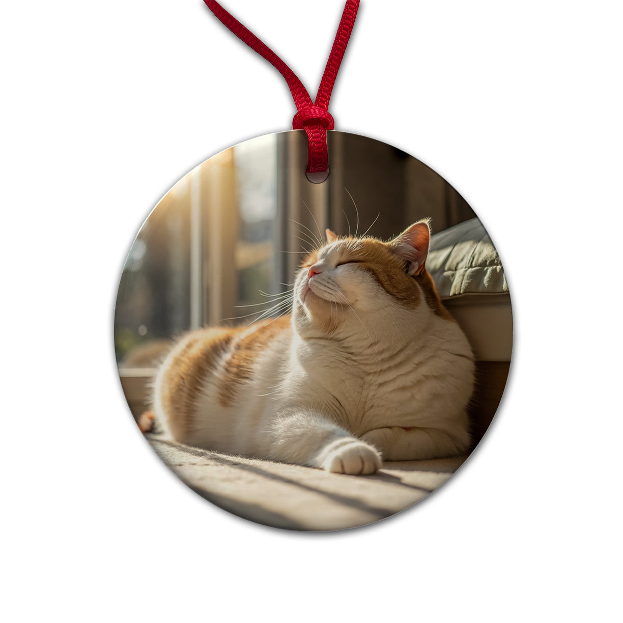 Chubby Cat Lying Down Photo Round Ceramic Holiday Christmas Tree Ornament