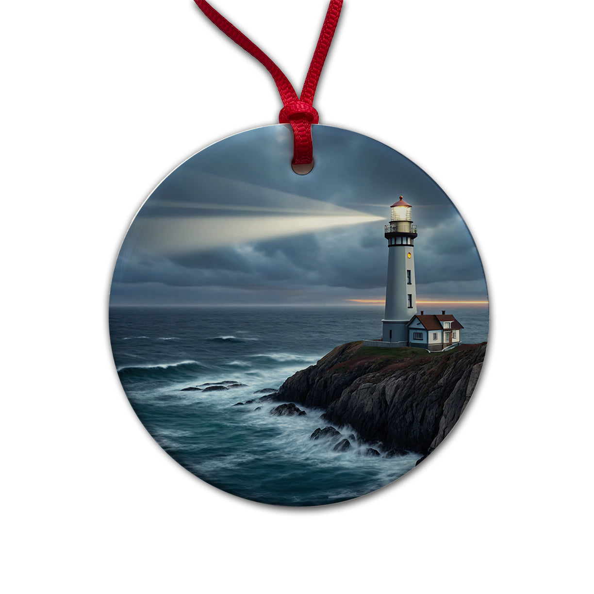 Coastal Lighthouse Rugged Round Ceramic Holiday Christmas Tree Ornament