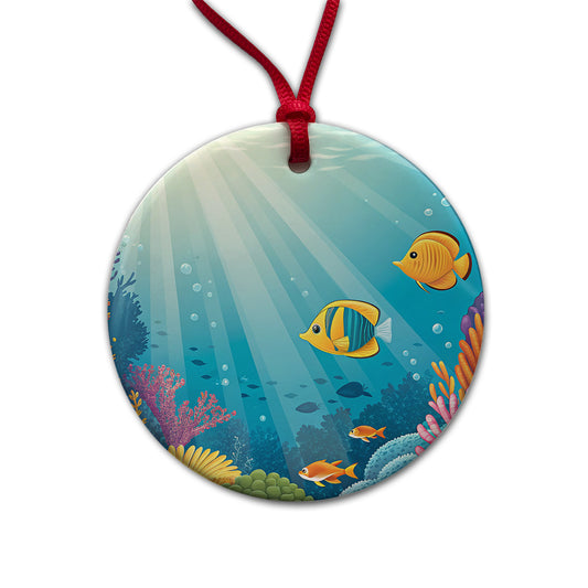 Colorful Fish Coral Light Rays Tropical Ocean Round Ceramic Holiday Christmas Tree Ornament
