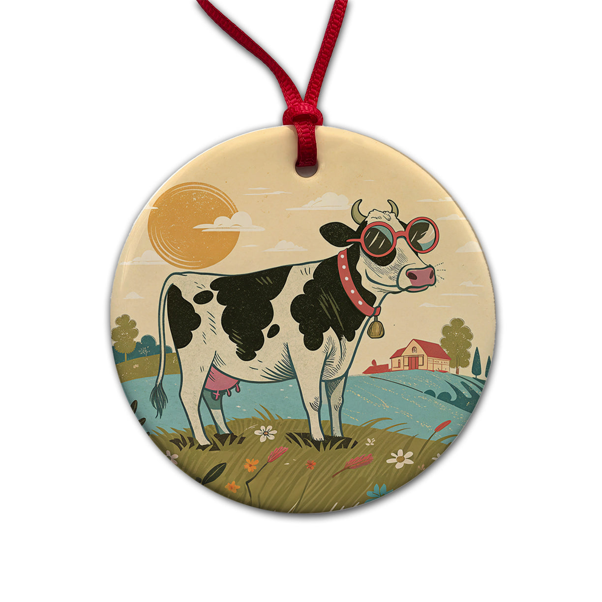Cool Cow Wearing Sunglasses Retro Illustration Round Ceramic Holiday Christmas Tree Ornament