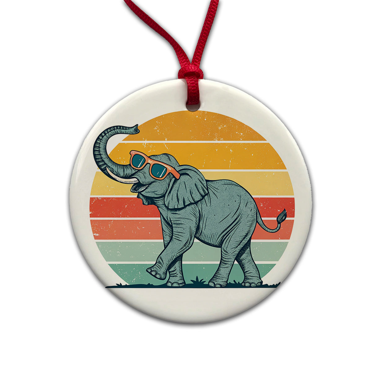 Cool Elephant Wearing Sunglasses Retro Illustration Round Ceramic Holiday Christmas Tree Ornament