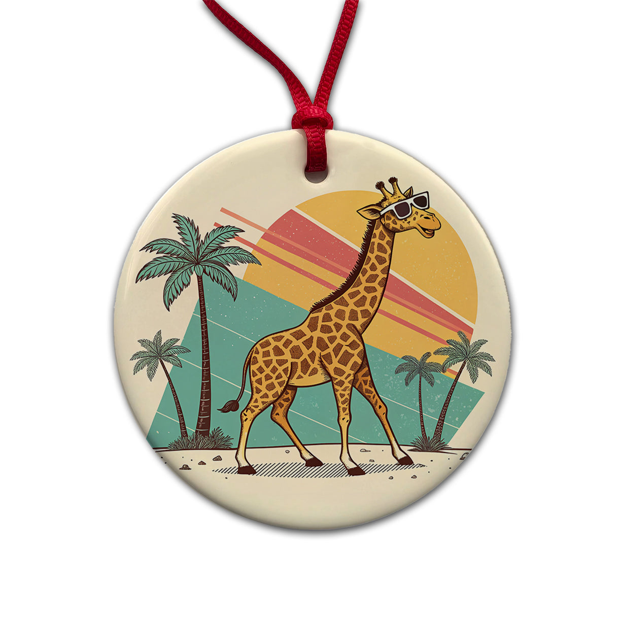 Cool Giraffe Wearing Sunglasses Retro Cute Round Ceramic Holiday Christmas Tree Ornament