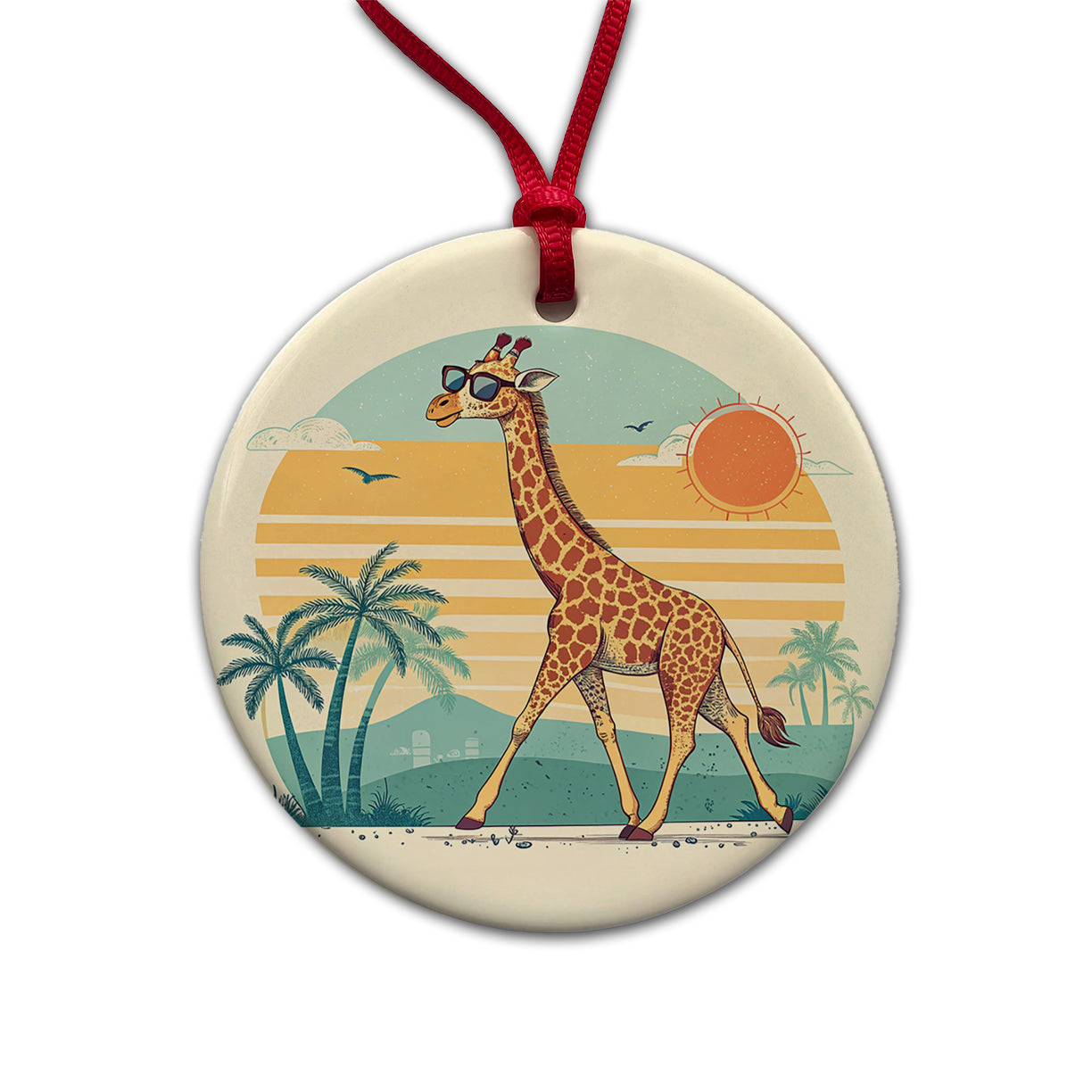 Cool Giraffe Wearing Sunglasses Retro Illustration Sun Round Ceramic Holiday Christmas Tree Ornament