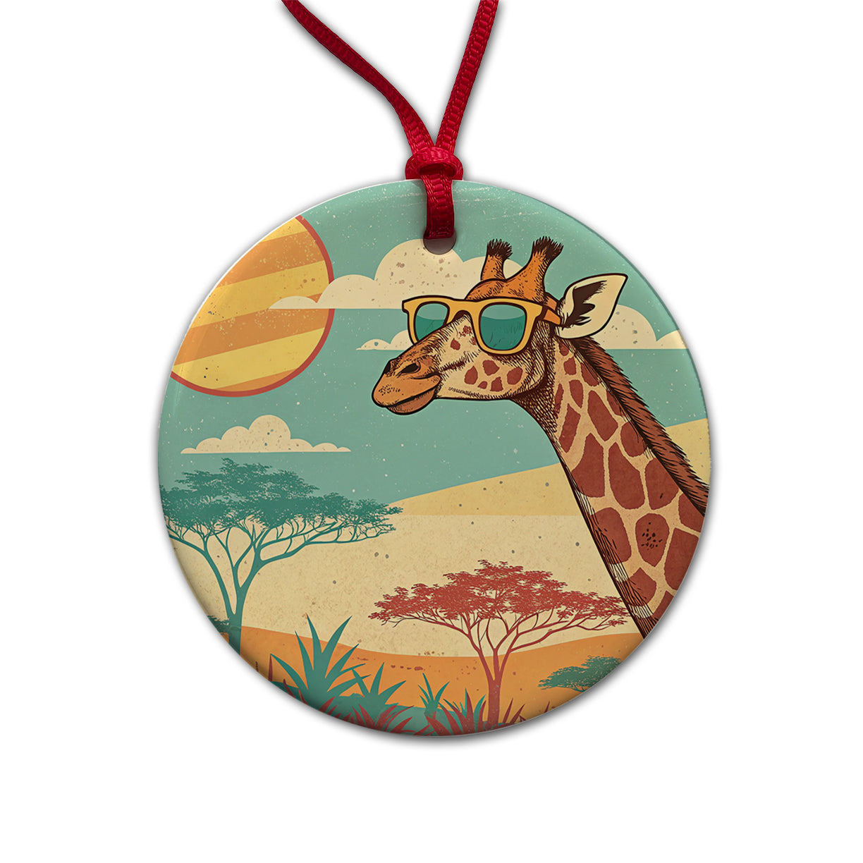 Cool Giraffe Wearing Sunglasses Retro Illustration Round Ceramic Holiday Christmas Tree Ornament