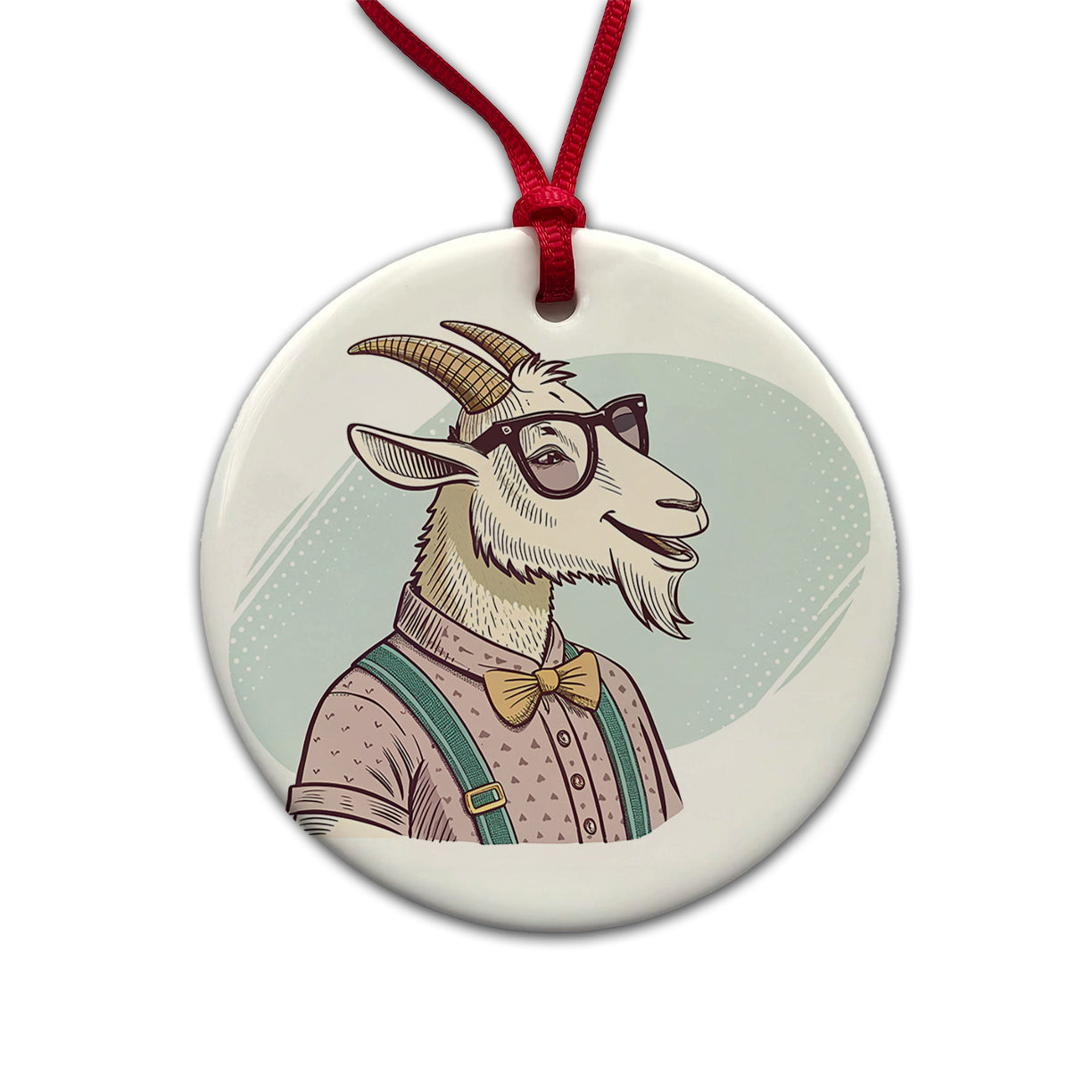 Cool Goat Wearing Glasses Retro Illustration Round Ceramic Holiday Christmas Tree Ornament