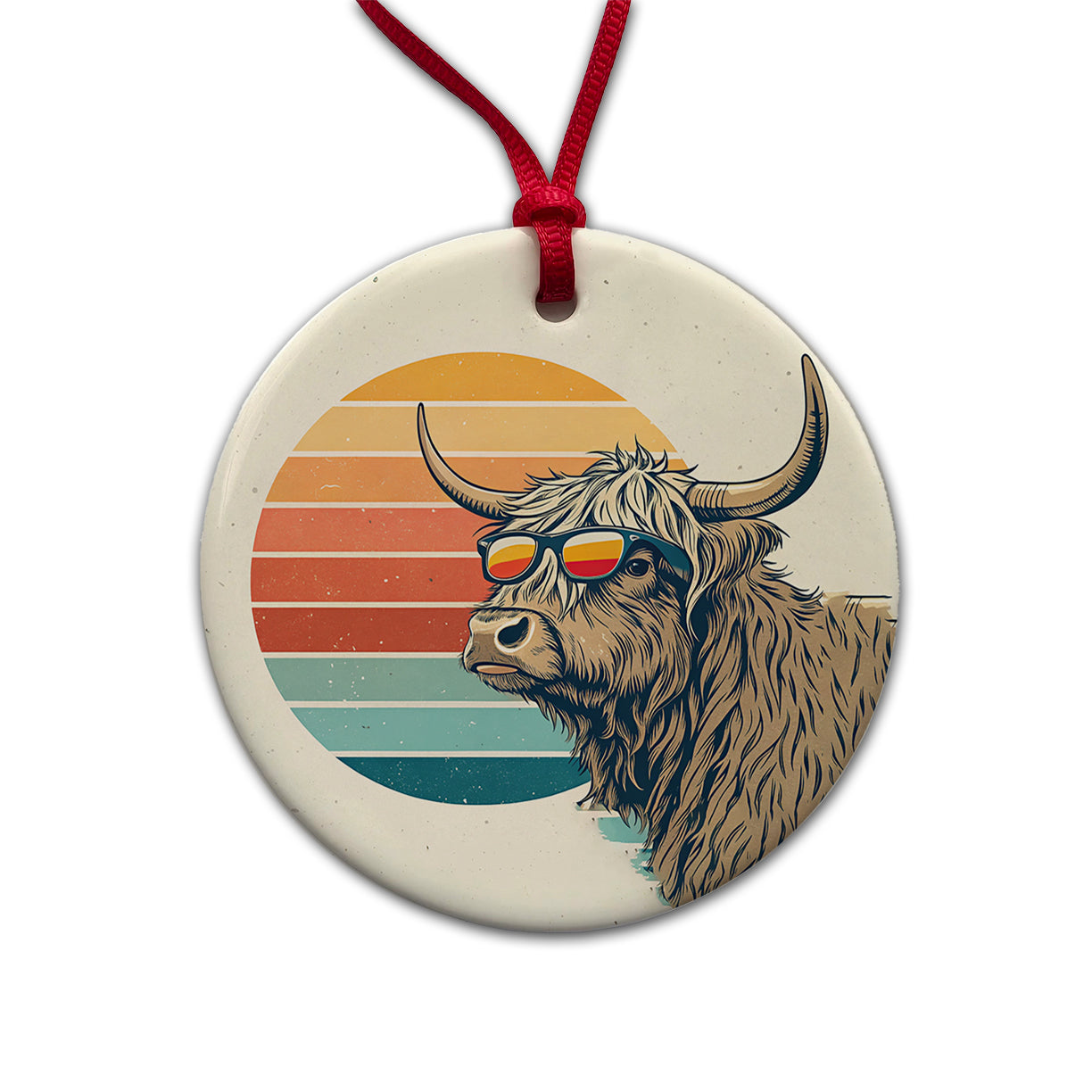 Cool Highland Cow Wearing Sunglasses Retro Illustration Round Ceramic Holiday Christmas Tree Ornament