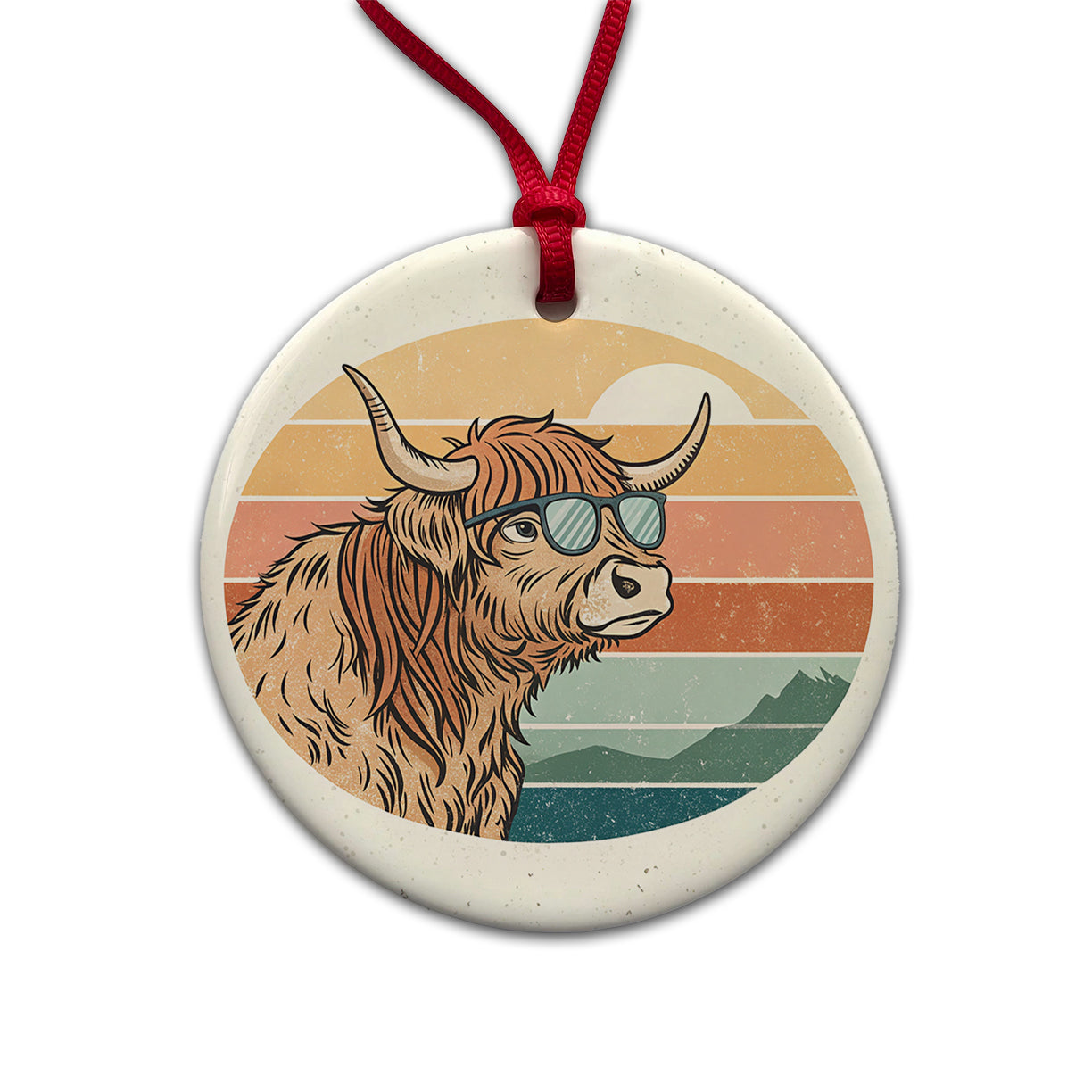 Cool Highland Cow Wearing Sunglasses Retro Round Ceramic Holiday Christmas Tree Ornament