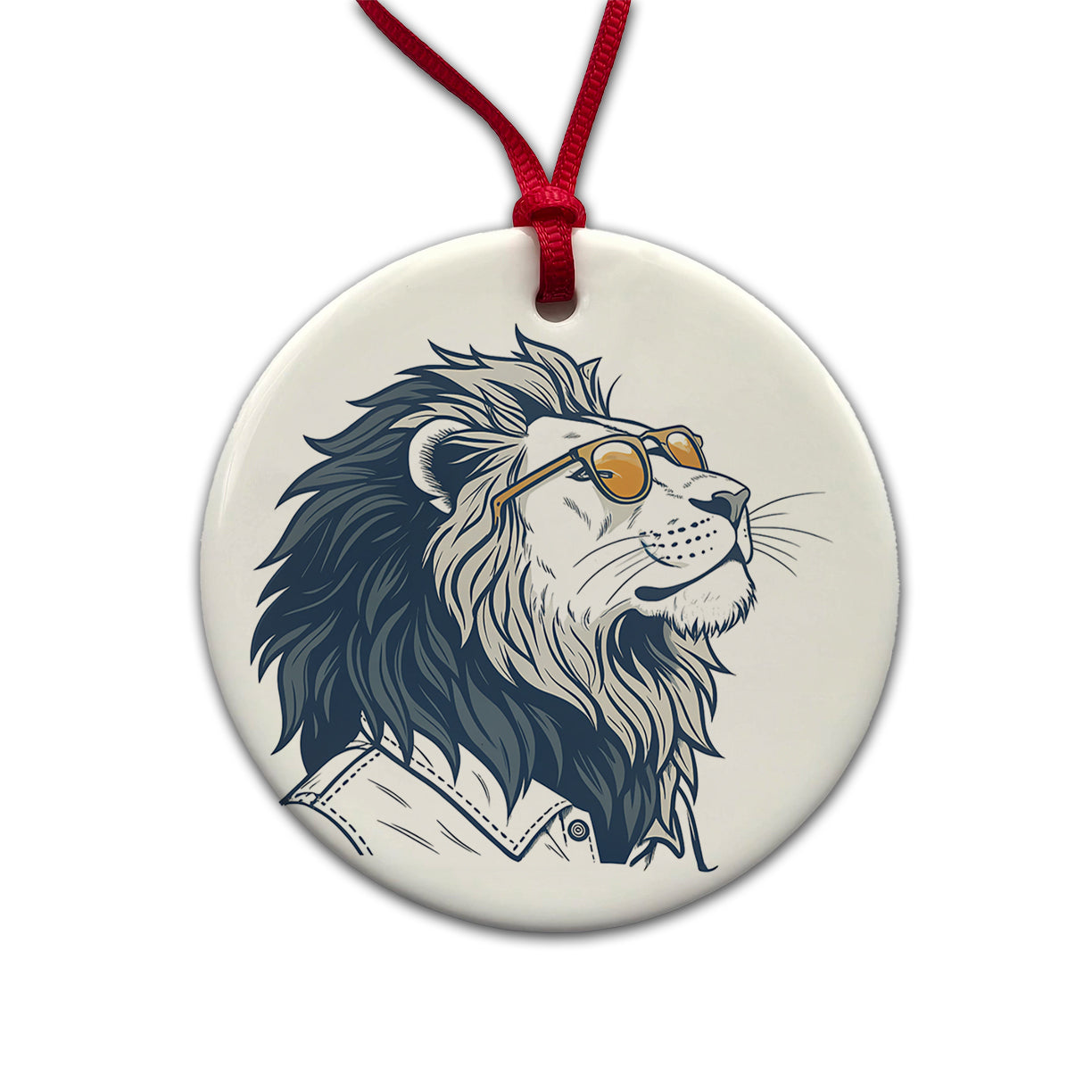 Cool Lion Wearing Glasses Minimalist Illustration Round Ceramic Holiday Christmas Tree Ornament