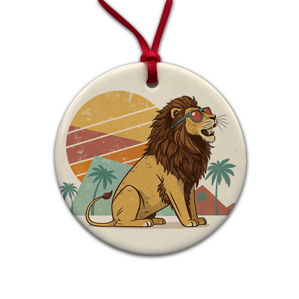 Cool Lion Wearing Sunglasses Retro Illustration Style Round Ceramic Holiday Christmas Tree Ornament