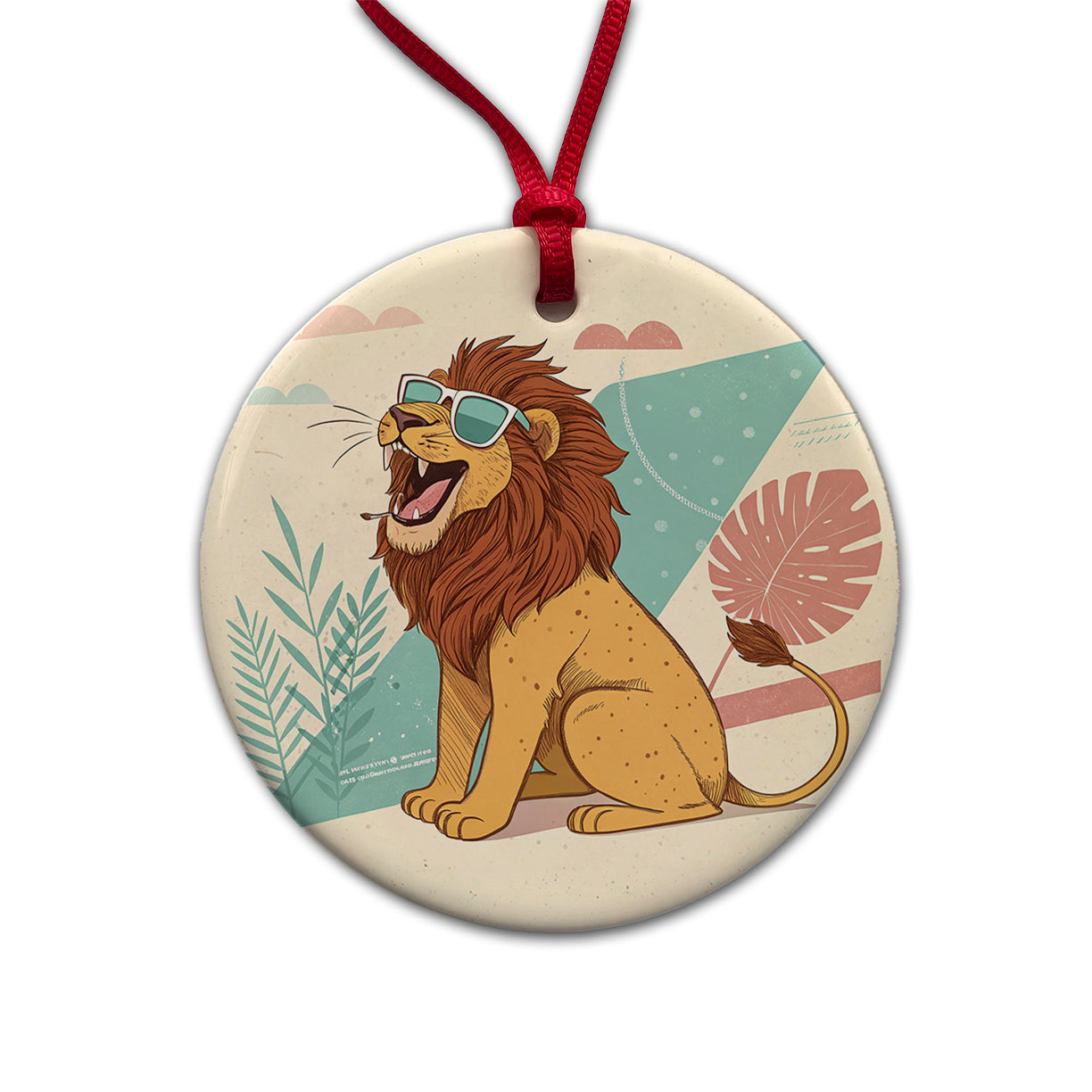 Cool Lion Wearing Sunglasses Retro Illustration Round Ceramic Holiday Christmas Tree Ornament