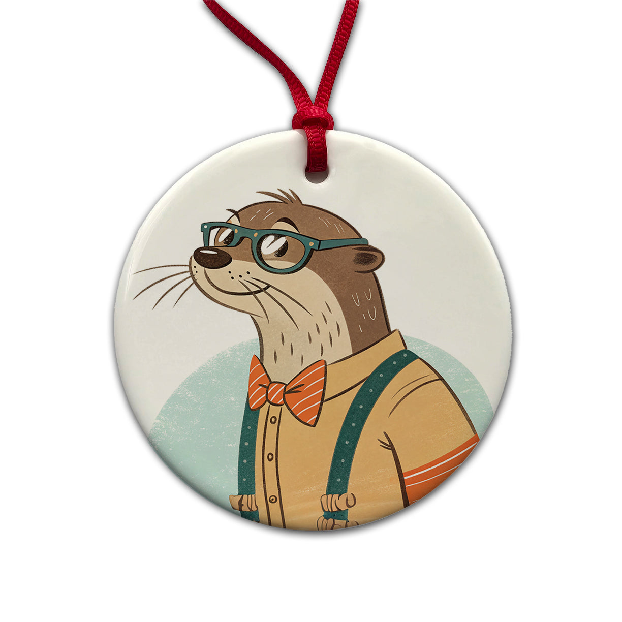 Cool Otter Wearing Glasses Retro Illustration Round Ceramic Holiday Christmas Tree Ornament
