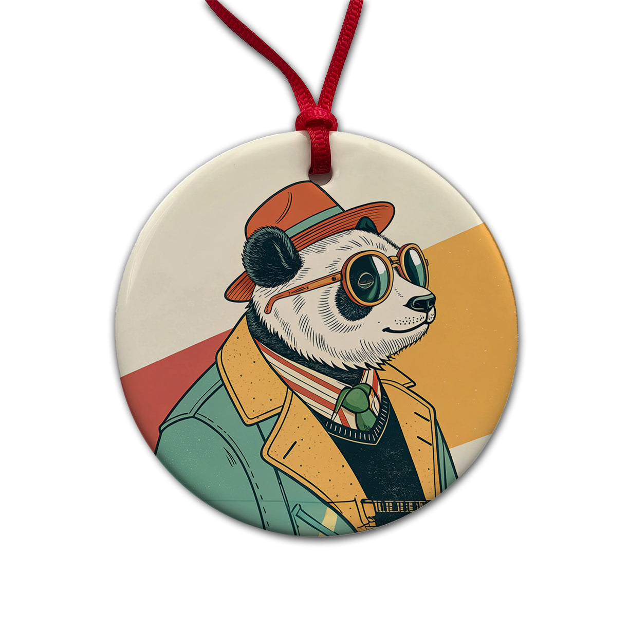 Cool Panda Wearing Glasses Retro Illustration Round Ceramic Holiday Christmas Tree Ornament