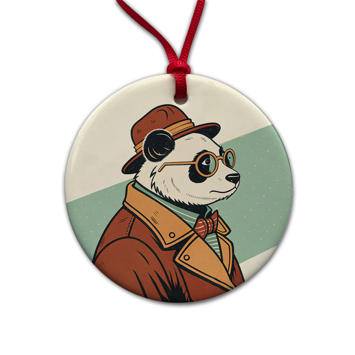 Cool Panda Wearing Glasses Retro Round Ceramic Holiday Christmas Tree Ornament