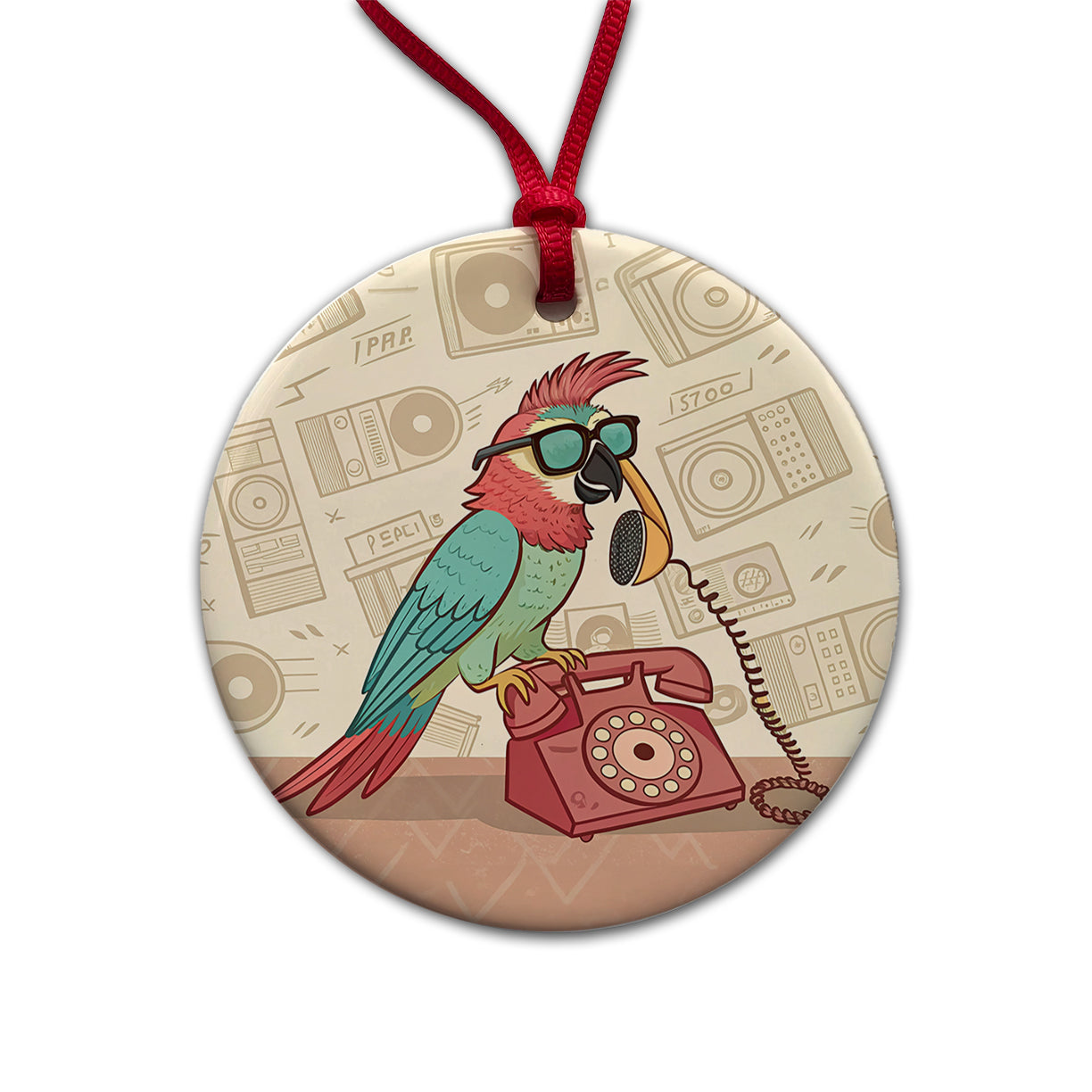 Cool Parrot Wearing Sunglasses Retro Illustration Round Ceramic Holiday Christmas Tree Ornament
