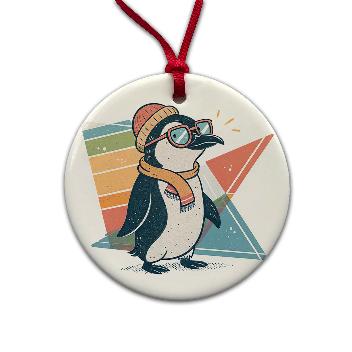 Cool Penguin Wearing Glasses Retro Round Ceramic Holiday Christmas Tree Ornament