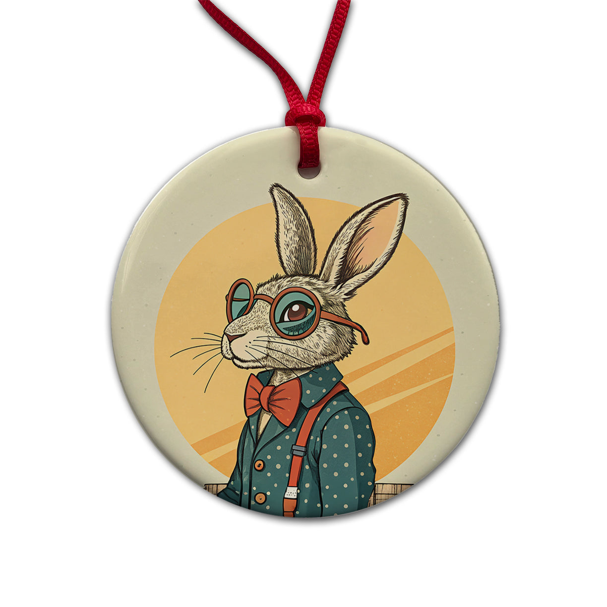 Cool Rabbit Wearing Glasses Retro Round Ceramic Holiday Christmas Tree Ornament