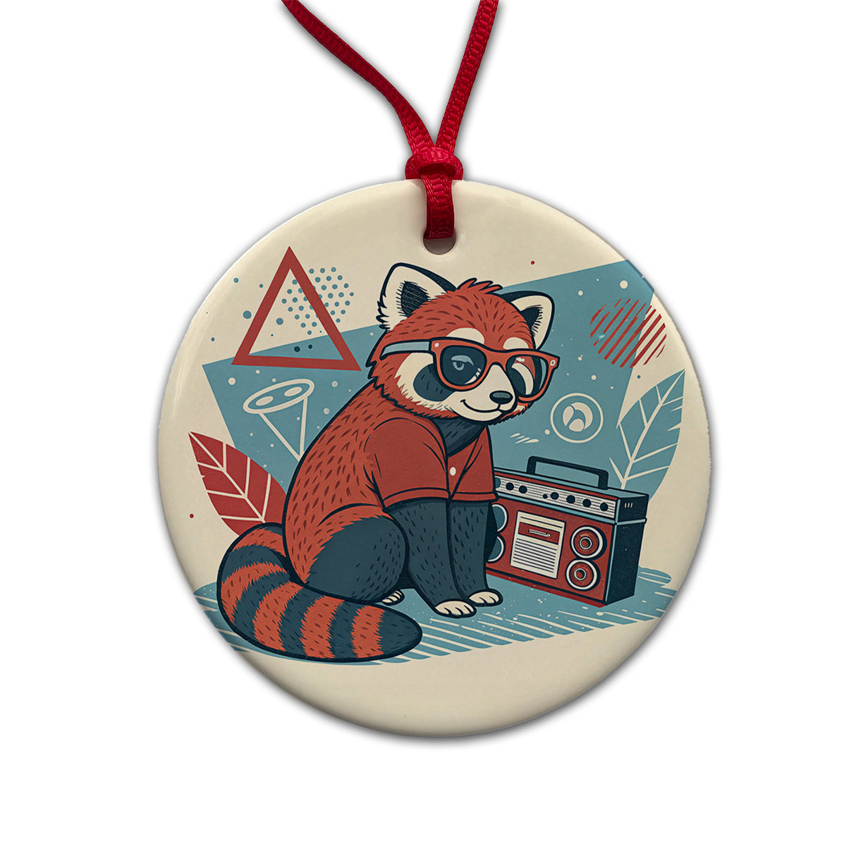 Cool Red Panda Wearing Glasses Retro Round Ceramic Holiday Christmas Tree Ornament