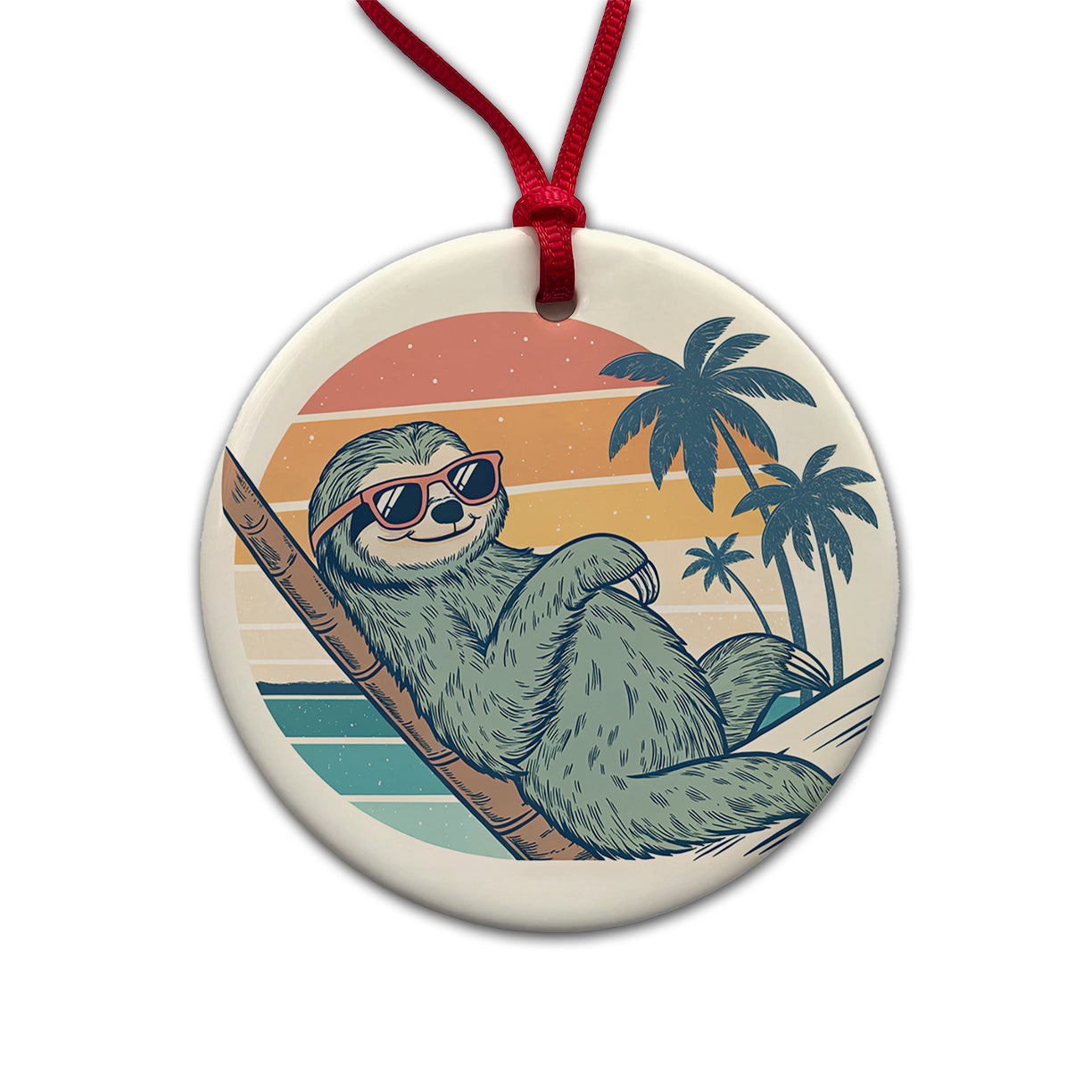 Cool Sloth Wearing Sunglasses Retro Illustration Round Ceramic Holiday Christmas Tree Ornament
