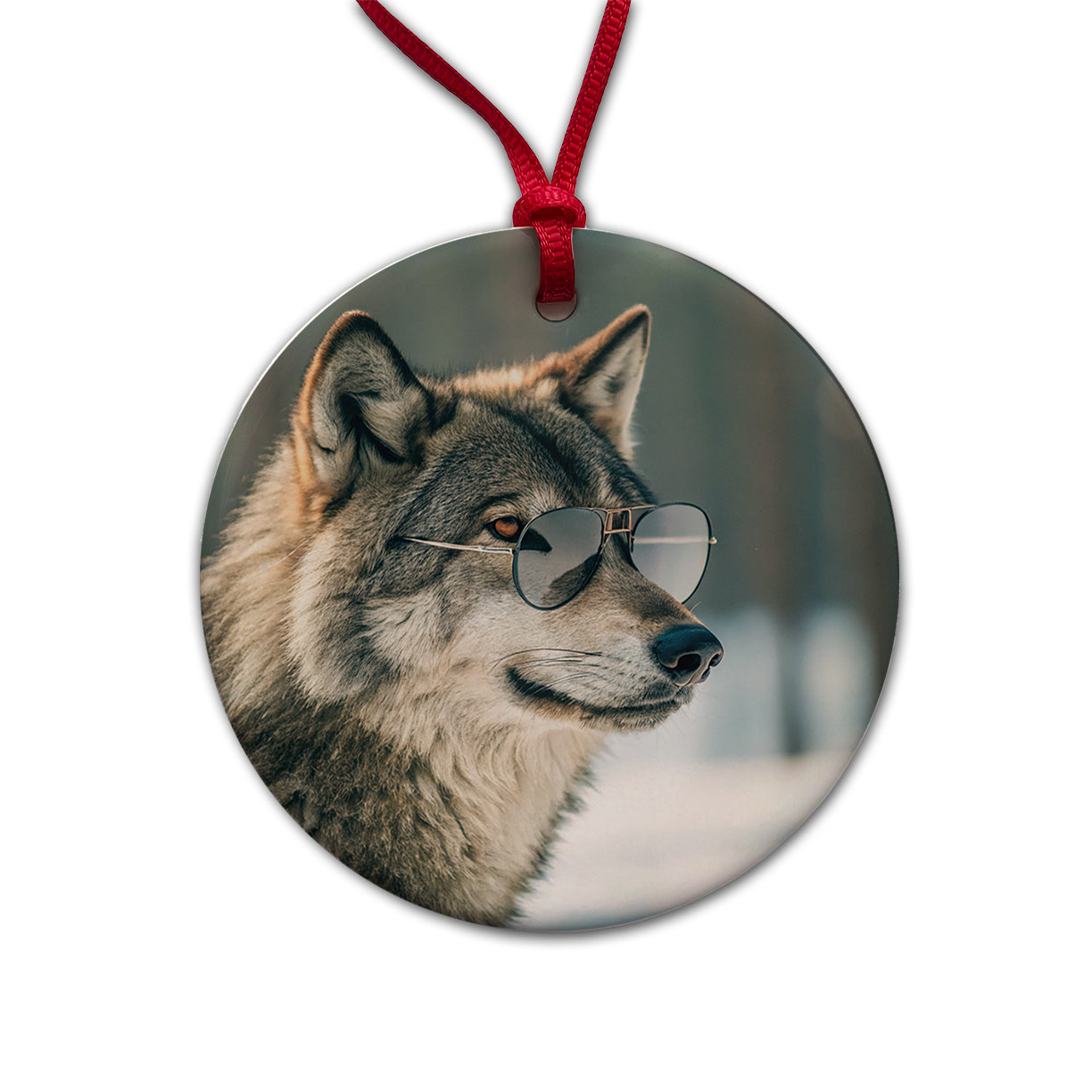 Cool Wolf Wearing Sunglasses Round Ceramic Holiday Christmas Tree Ornament