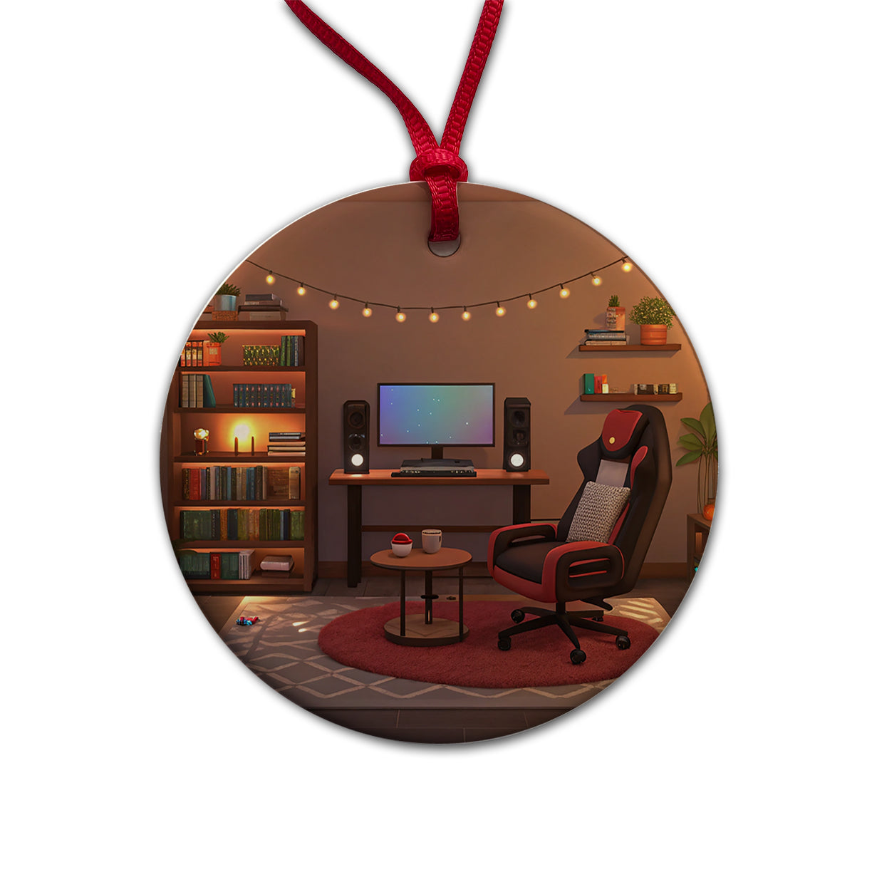 Cozy Gaming Setup Round Ceramic Holiday Christmas Tree Ornament