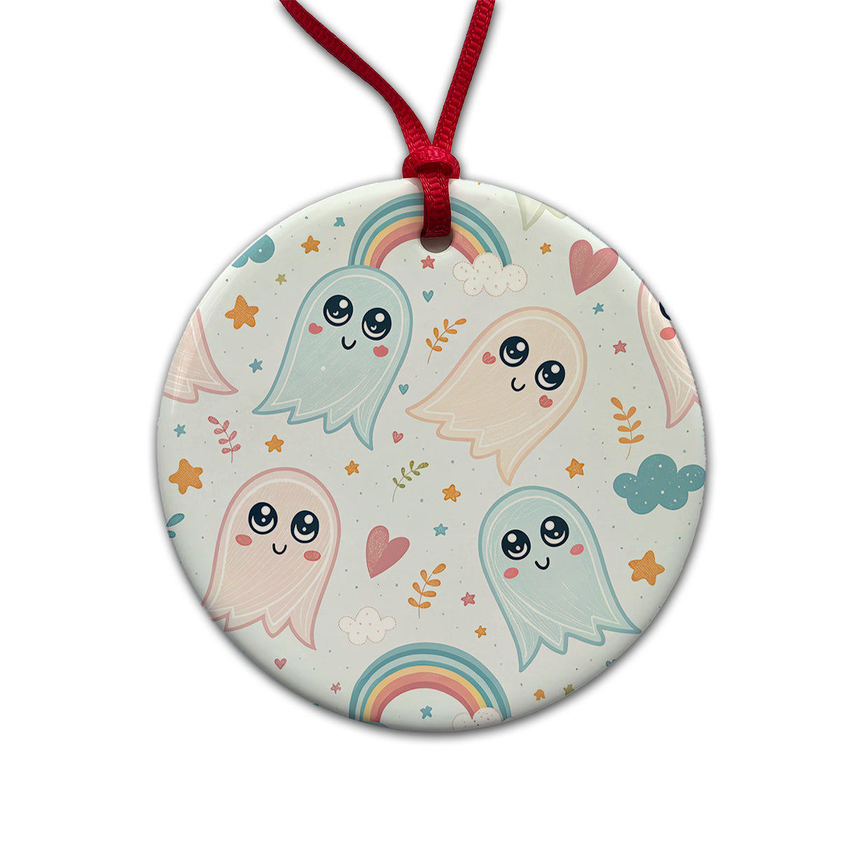 Cute Ghosts Hearts Rainbows Round Ceramic Holiday Christmas Tree Ornament