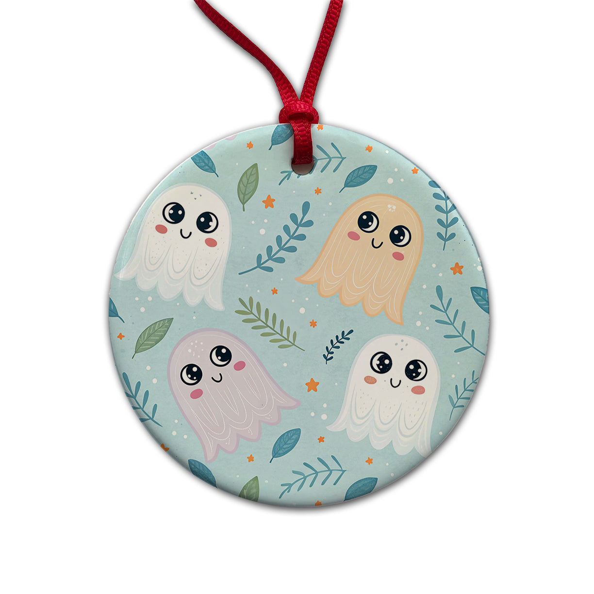 Cute Ghosts Illustration Round Ceramic Holiday Christmas Tree Ornament