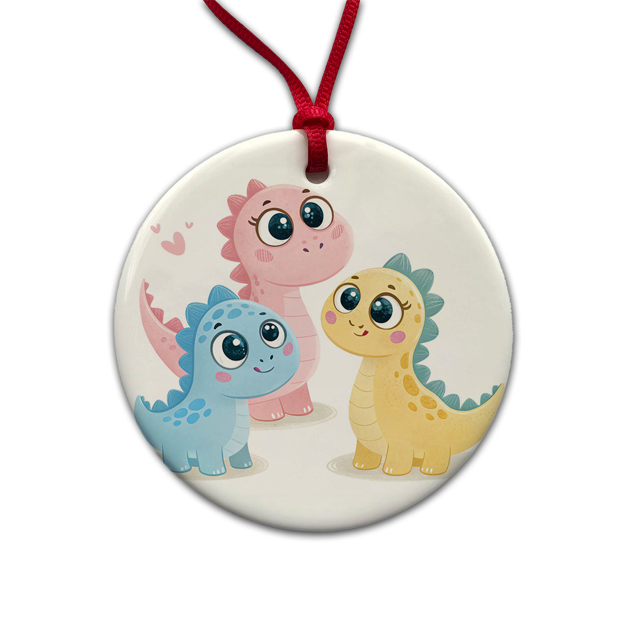 Cute Pastel Colored Cartoon Dinosaurs Big Eyes Round Ceramic Holiday Christmas Tree Ornament