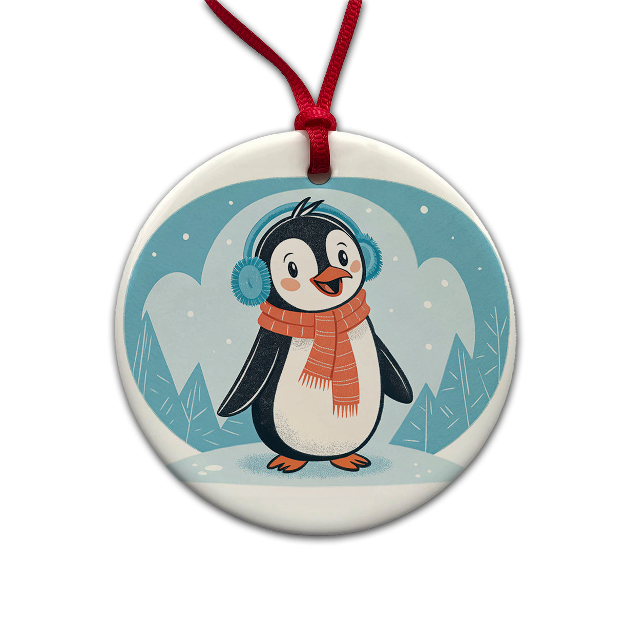 Cute Winter Penguin Scarf Round Ceramic Holiday Christmas Tree Ornament