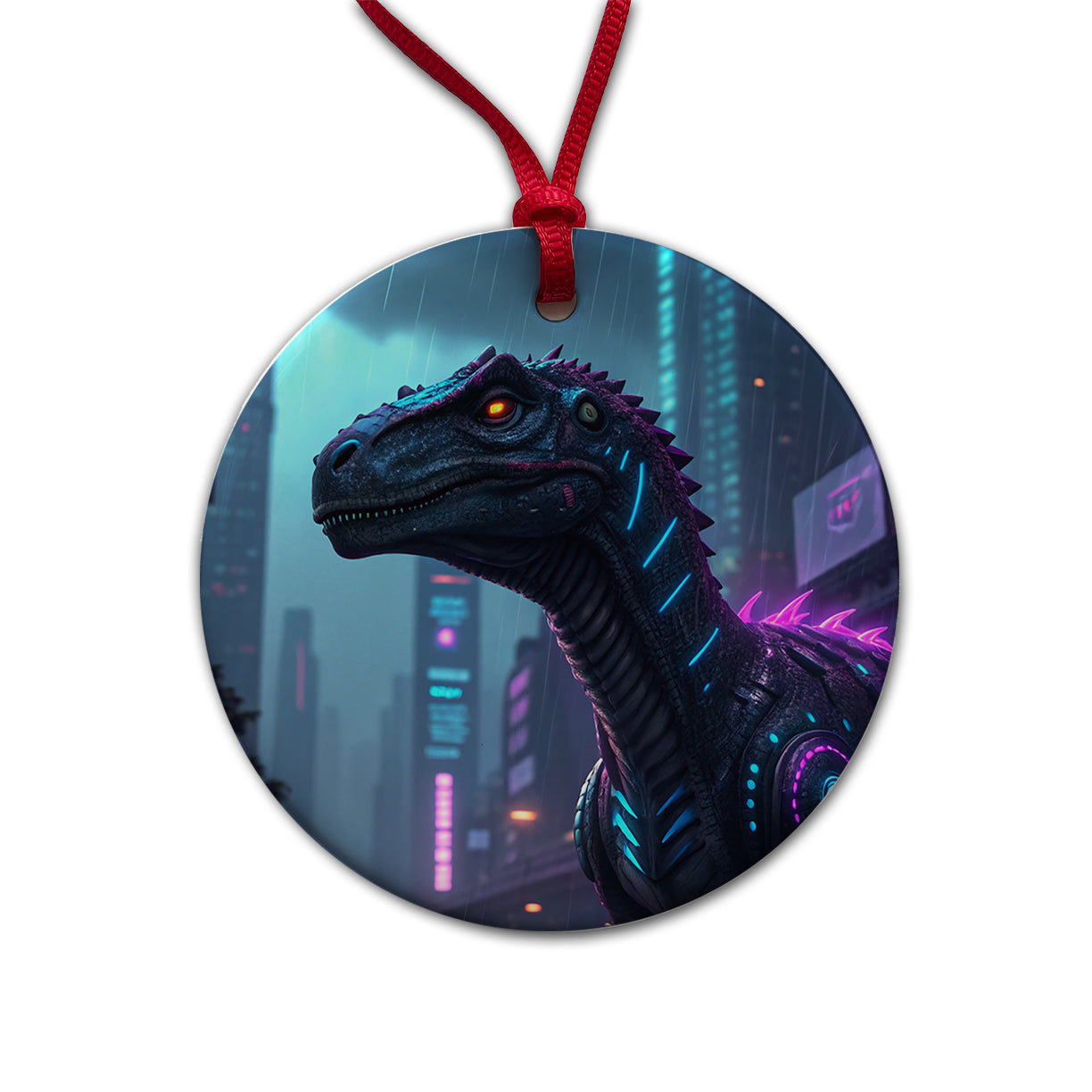 Cyberpunk Dinosaur In City Round Ceramic Holiday Christmas Tree Ornament