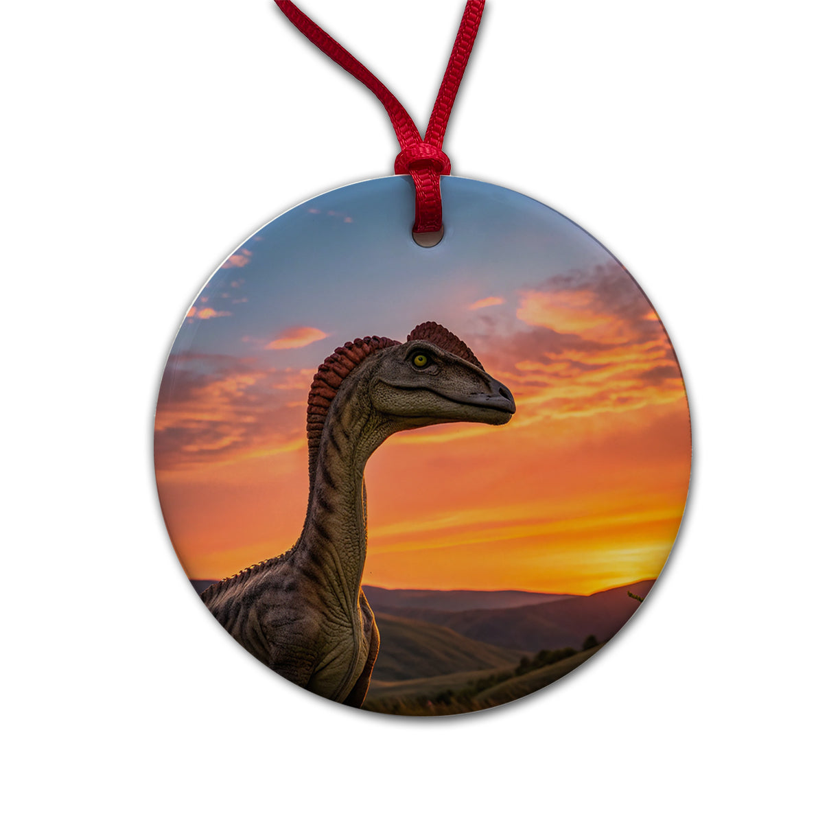 Dilophosaurus Sunset Sunrise Dinosaur Round Ceramic Holiday Christmas Tree Ornament