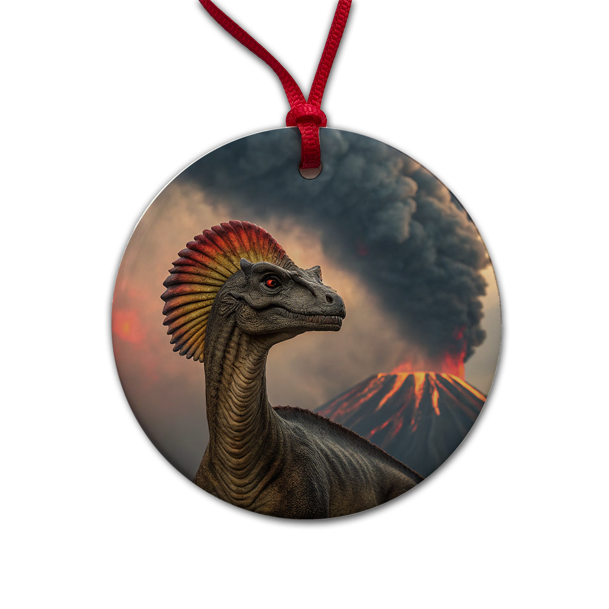 Dilophosaurus Volcano Erupting Dinosaur Round Ceramic Holiday Christmas Tree Ornament