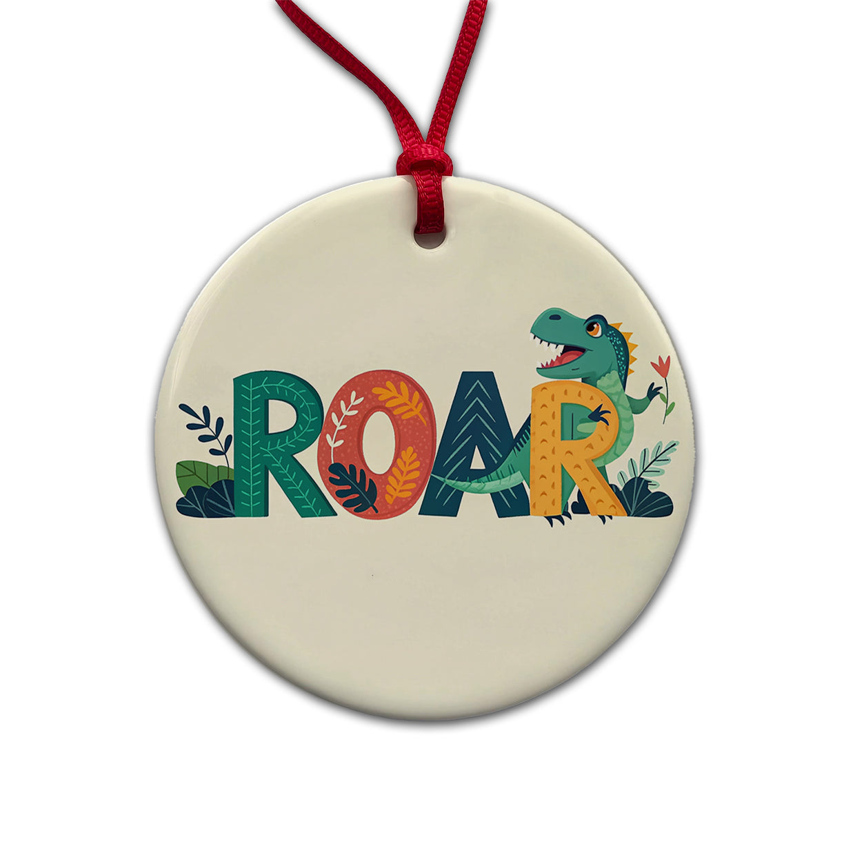Dinosaur Roar Colorful Text Round Ceramic Holiday Christmas Tree Ornament
