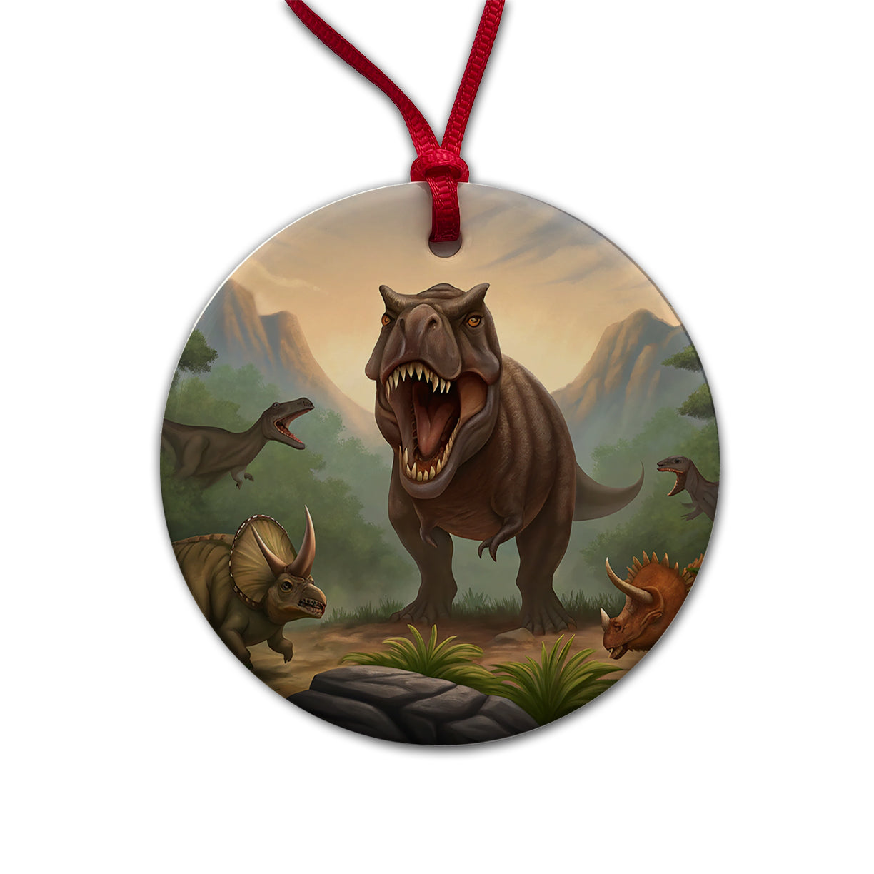 Dinosaurs Battle Round Ceramic Holiday Christmas Tree Ornament