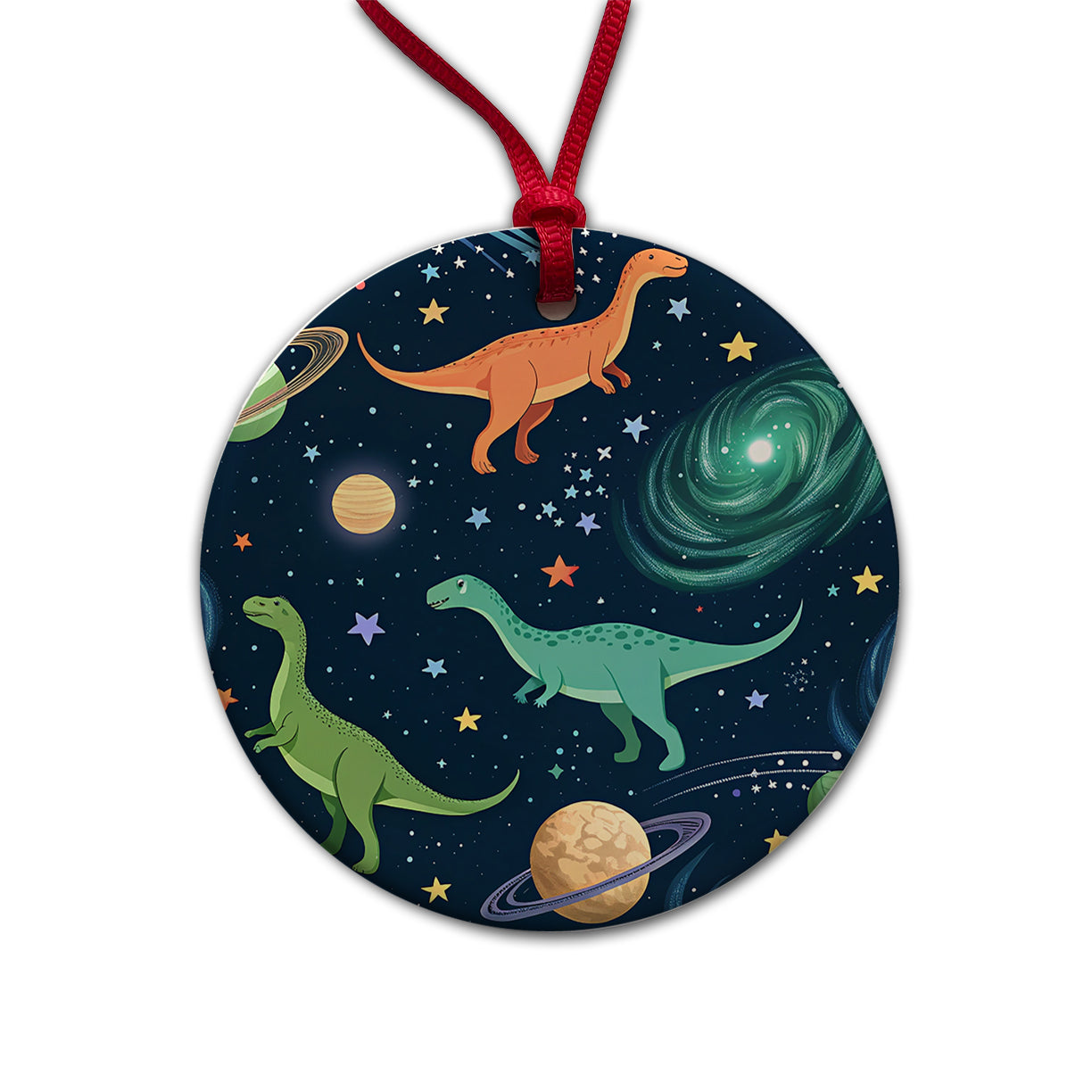 Dinosaurs Floating In Space Galaxy Round Ceramic Holiday Christmas Tree Ornament