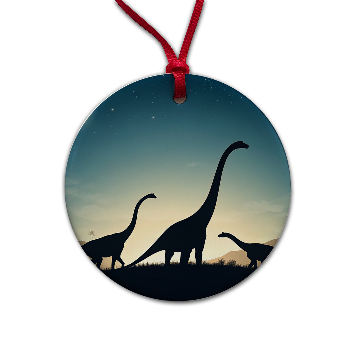 Diplodocus Silhouettes Night Dinosaurs Round Ceramic Holiday Christmas Tree Ornament
