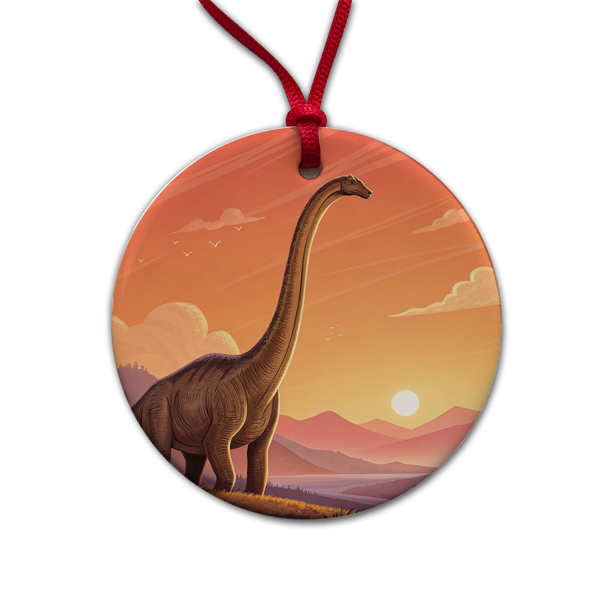 Diplodocus Sunset Dinosaur Round Ceramic Holiday Christmas Tree Ornament