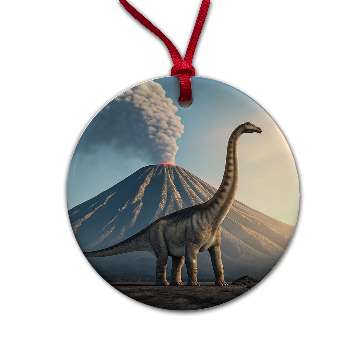 Diplodocus Volcano Dinosaur Round Ceramic Holiday Christmas Tree Ornament