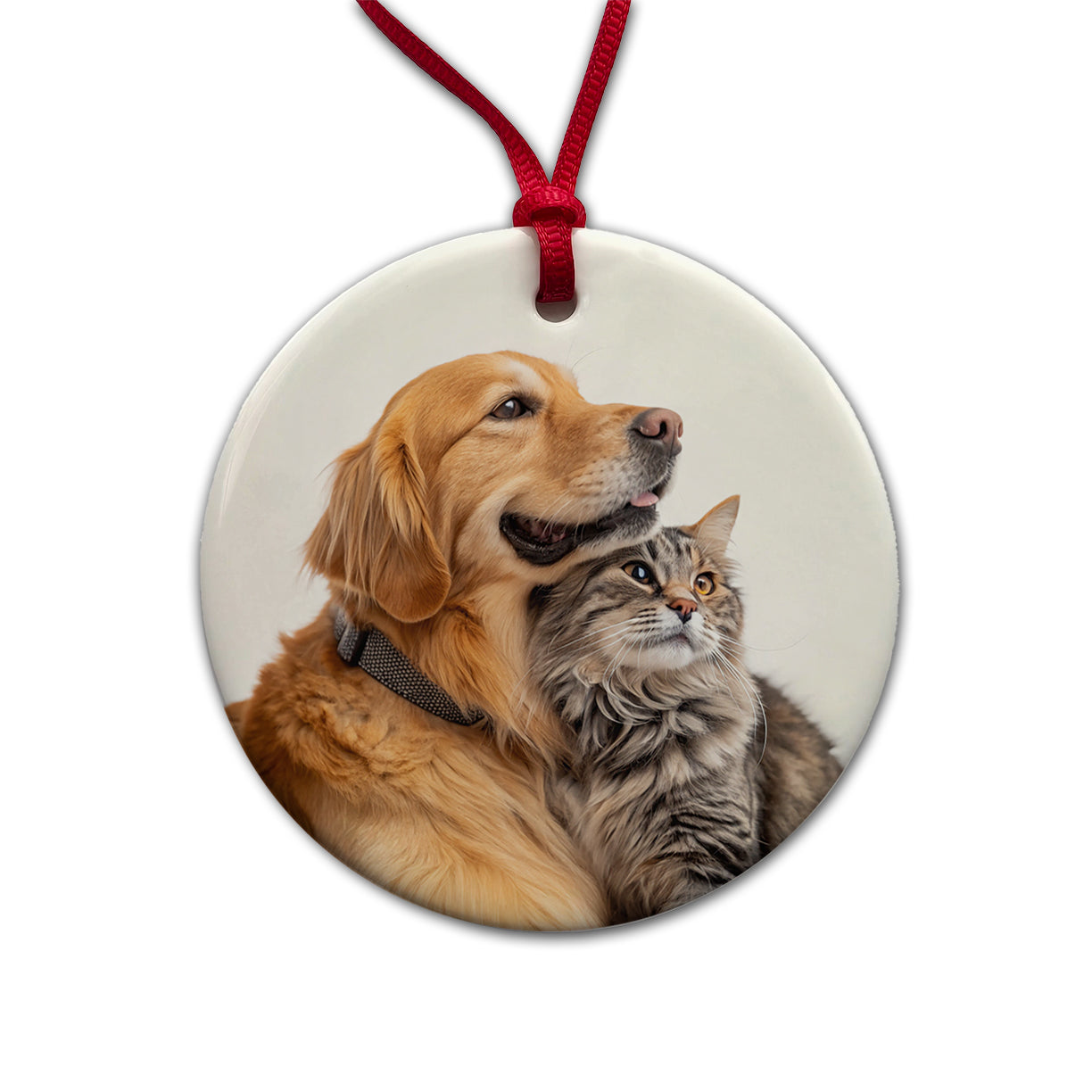Dog Cat Hugging Love Round Ceramic Holiday Christmas Tree Ornament