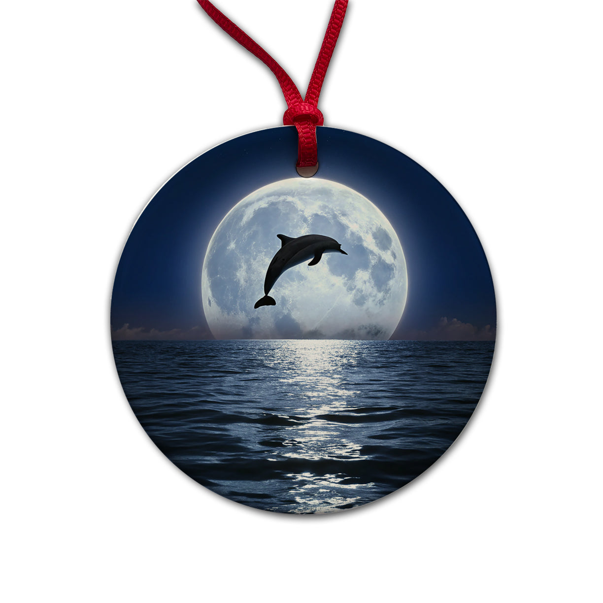 Dolphin Leaping Over Ocean Sea Full Moon Round Ceramic Holiday Christmas Tree Ornament