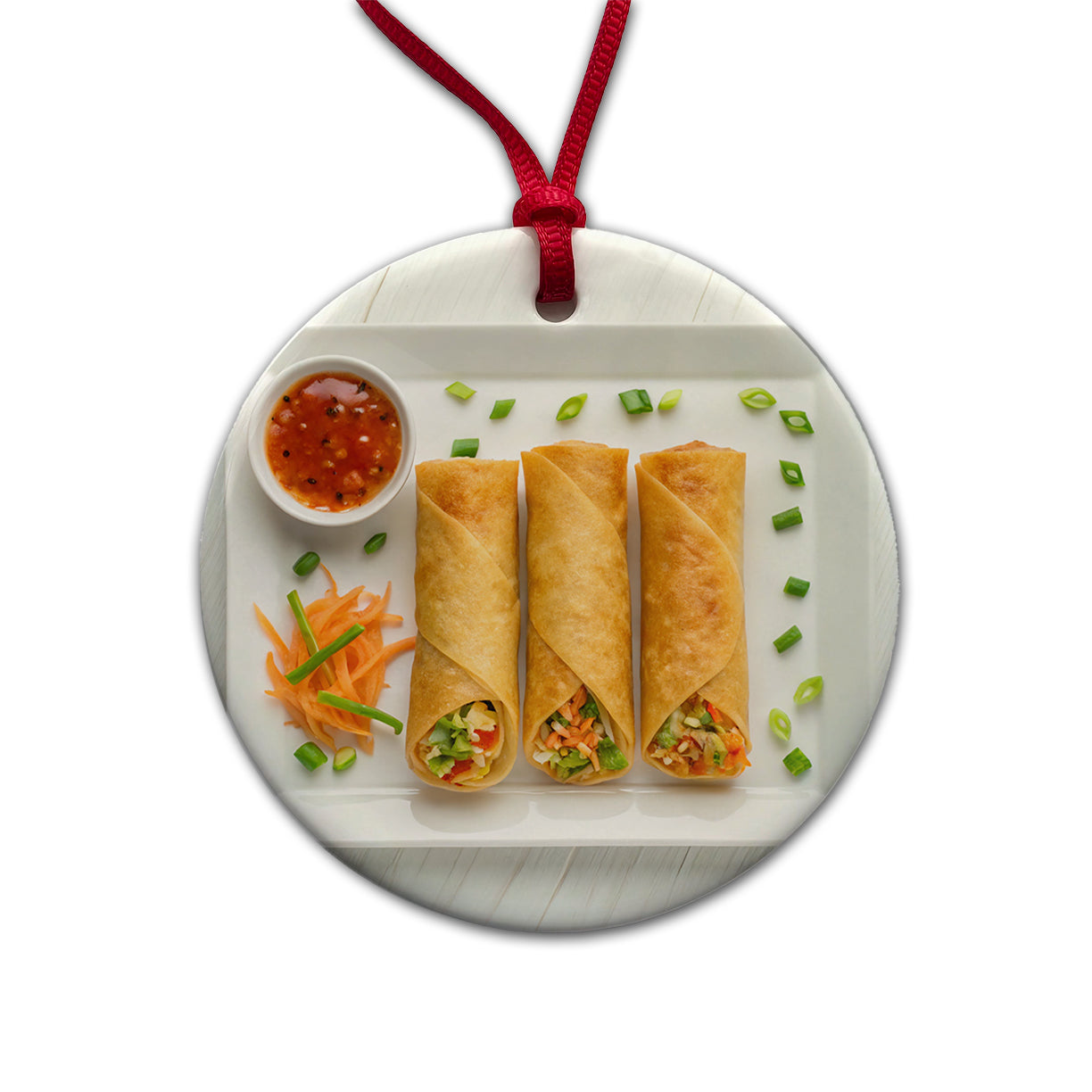 Egg Spring Rolls On Plate Round Ceramic Holiday Christmas Tree Ornament