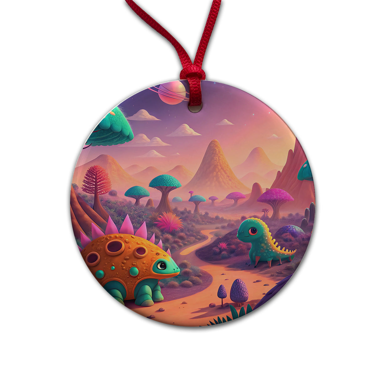 Fantasy Alien Planet Dinosaurs Round Ceramic Holiday Christmas Tree Ornament
