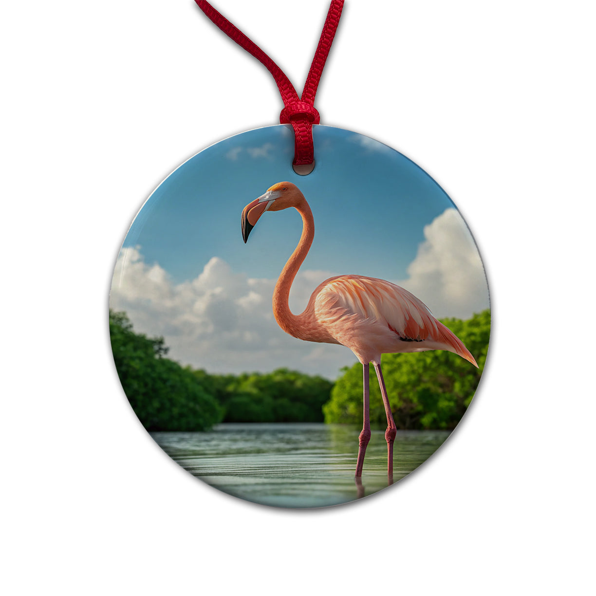 Flamingo Bird Standing In Water Round Ceramic Holiday Christmas Tree Ornament