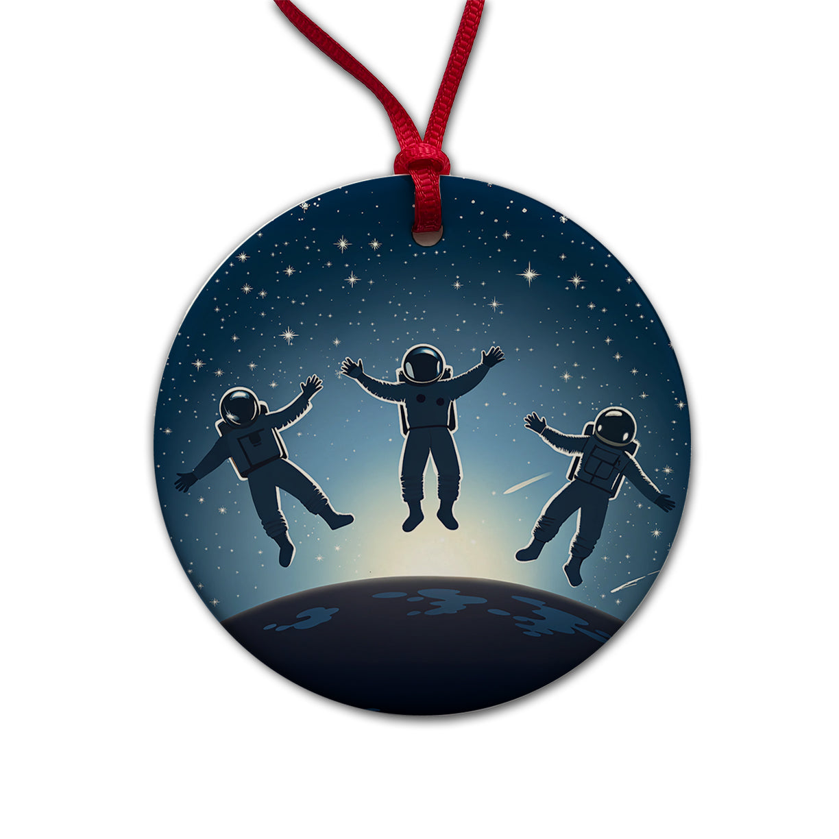 Floating Astronaut Silhouettes Space Round Ceramic Holiday Christmas Tree Ornament