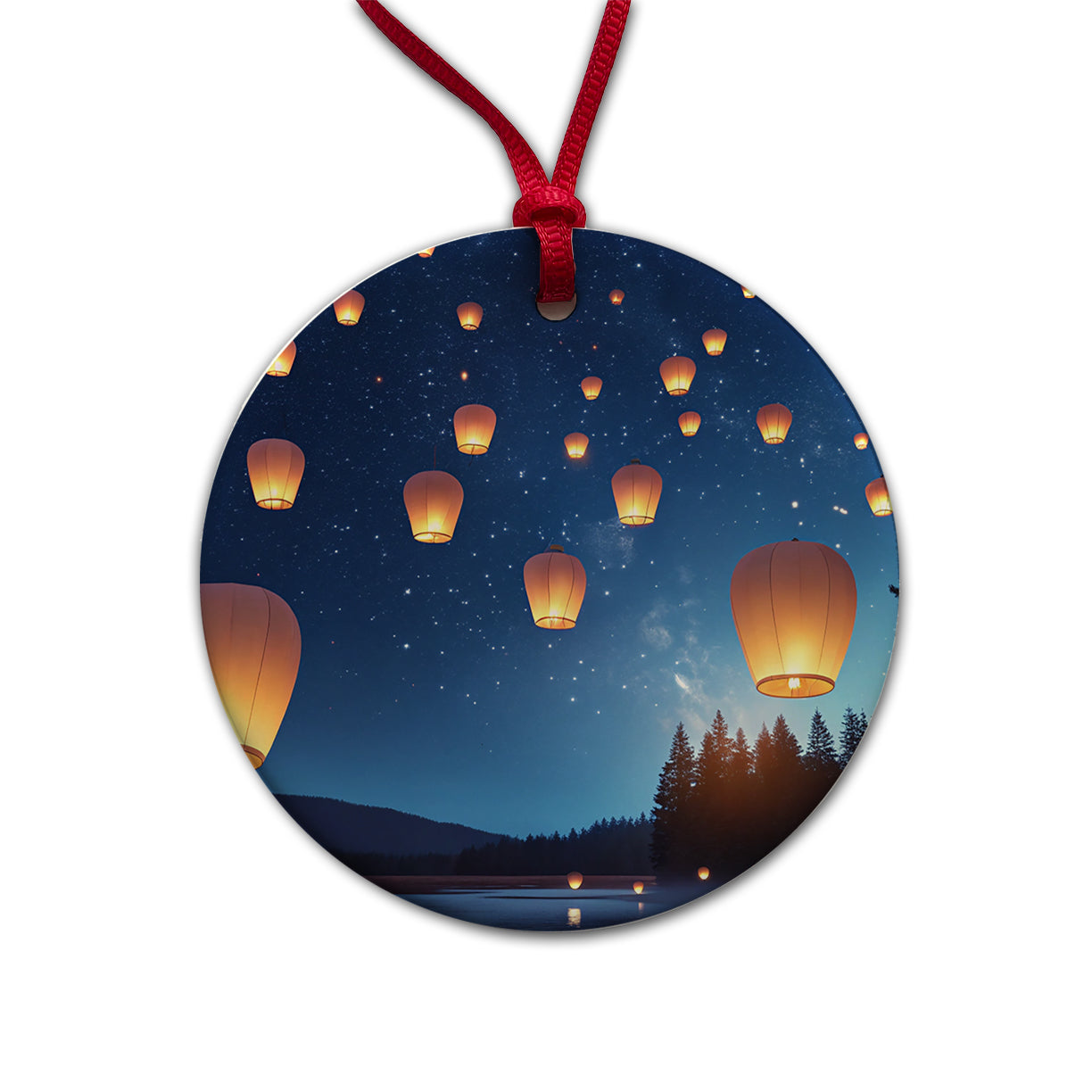 Floating Lanterns Over Lake Round Ceramic Holiday Christmas Tree Ornament