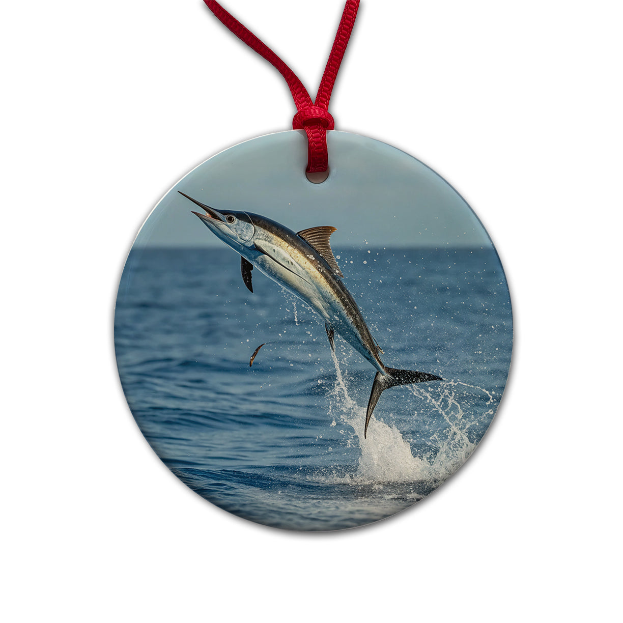 Flying Fish Jumping Fishing Round Ceramic Holiday Christmas Tree Ornament
