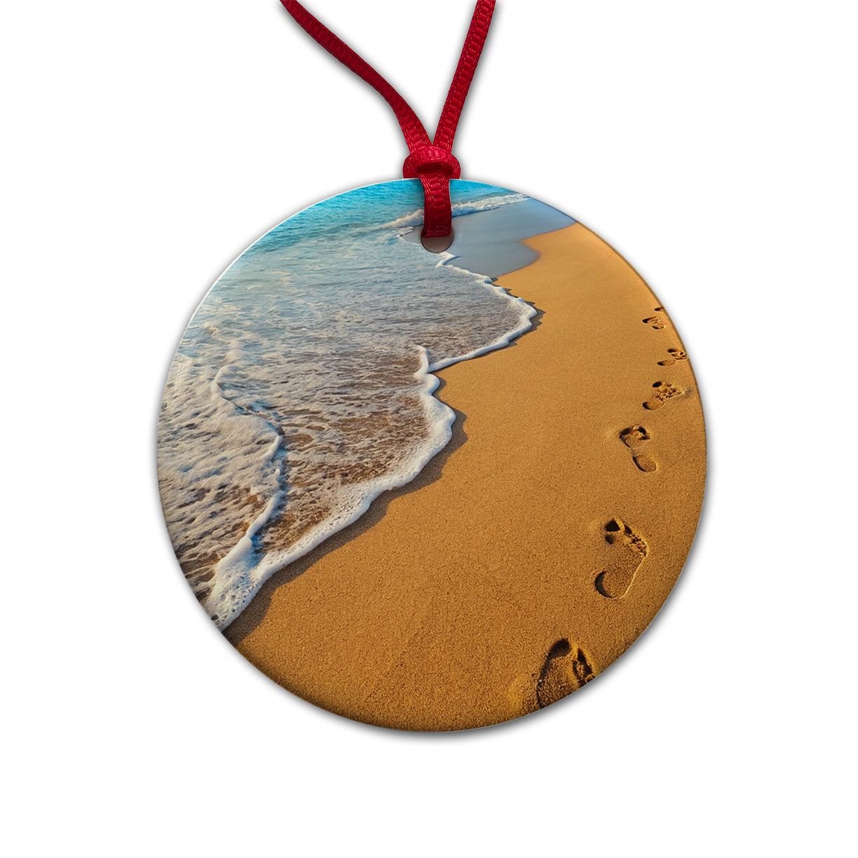 Footprints In The Sand Beach Shore Round Ceramic Holiday Christmas Tree Ornament