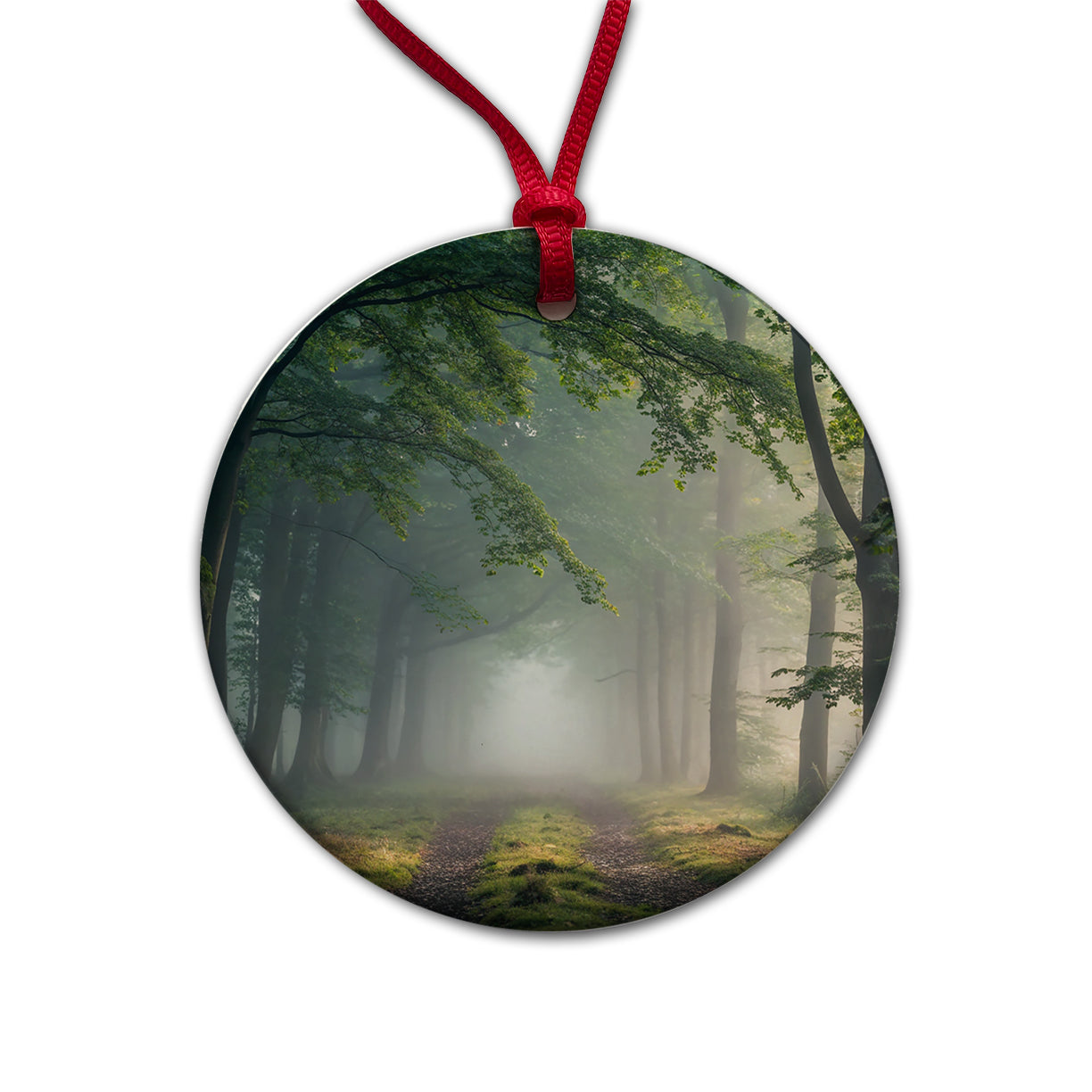Forest Fog Morning Trail Round Ceramic Holiday Christmas Tree Ornament