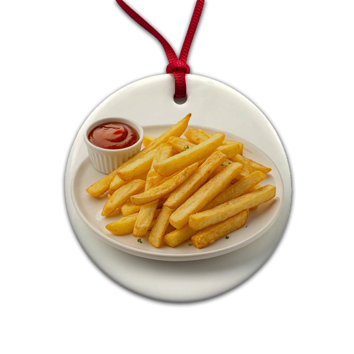French Fries Ketchup Snack Round Ceramic Holiday Christmas Tree Ornament
